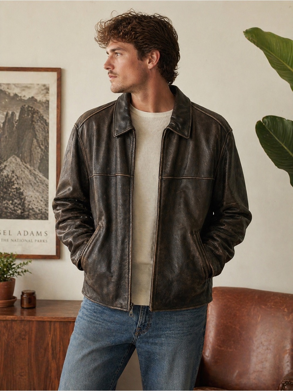 🧥 Eddie Bauer Distressed Leather Jacket Men’s Large Brown Vintage Style